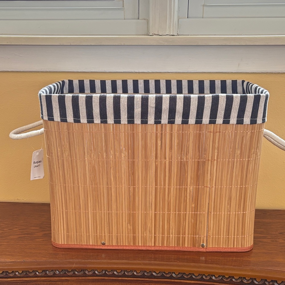 Bamboo Storage Basket Black and White Fabric Lined  NEW